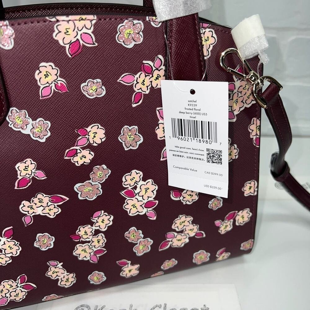 Kate Spade Satchel Tinsel Frosted floral Bag Purse Deep Berry Multi - Picture 6 of 10